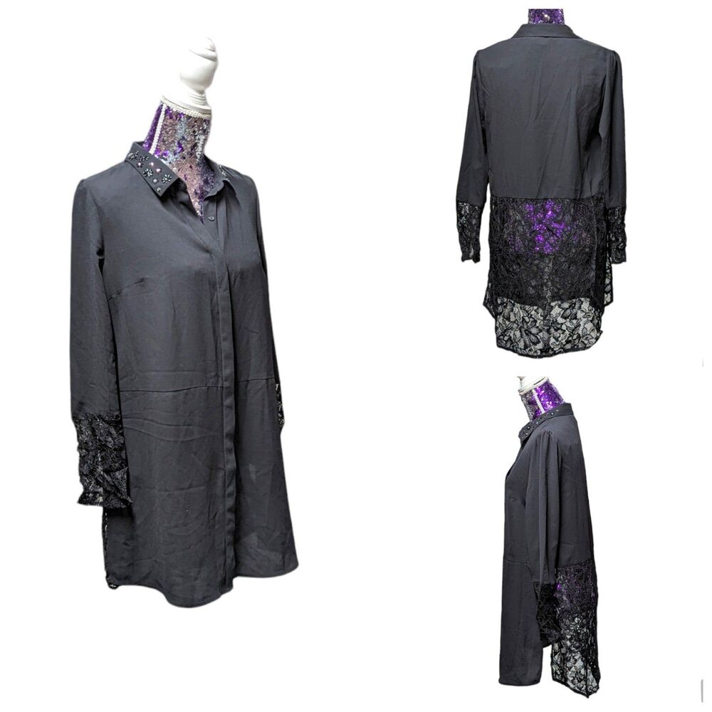 Elle Boho Black Button Front Lace Tunic Blouse NEW Cottagecore WhimsyGoth